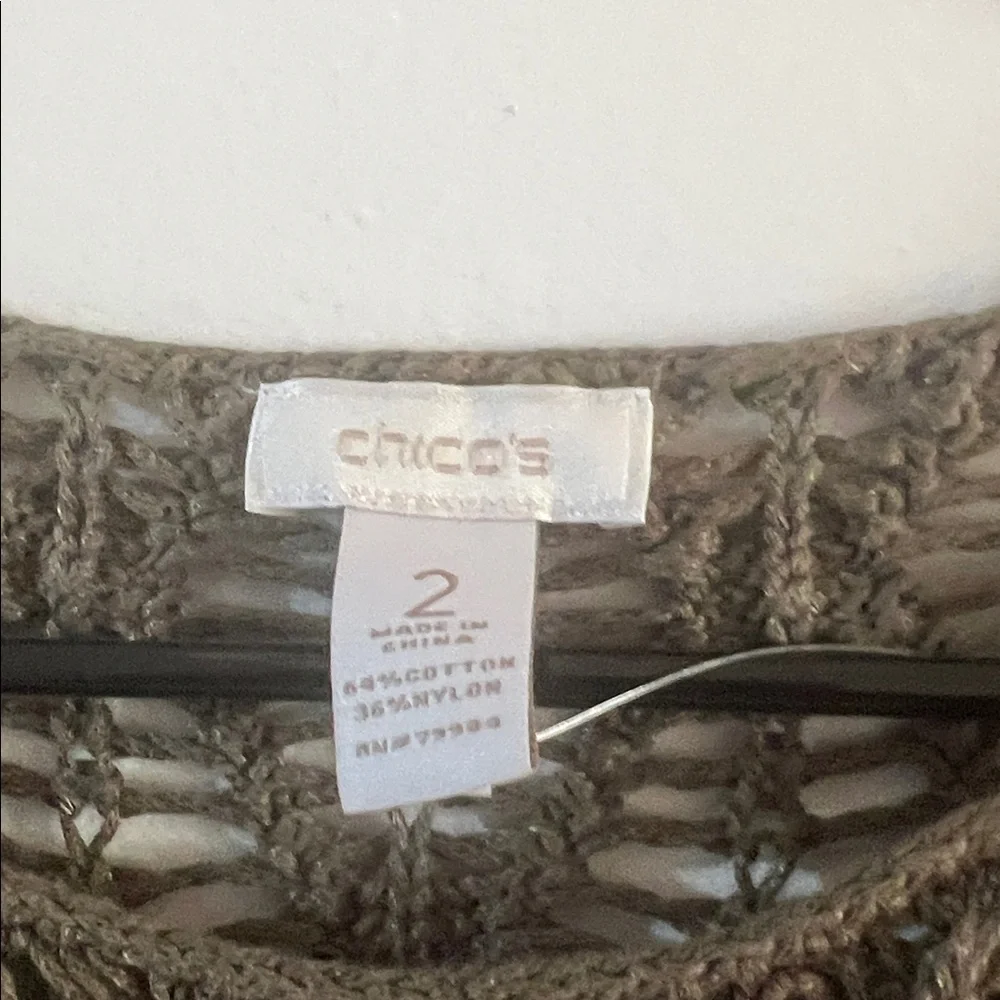 Chico's Olive Green Crochet Yoke Scoop Neck Sweater